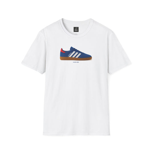 White t-shirt with blue sneaker graphic featuring white stripes and red heel tab