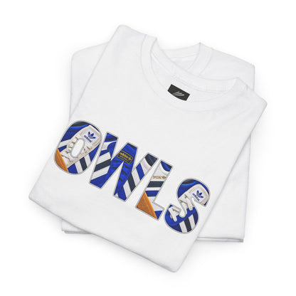 Sheffield Wednesday OWLS trainer artwork close-up on white t-shirt - On The Terrace casual wear