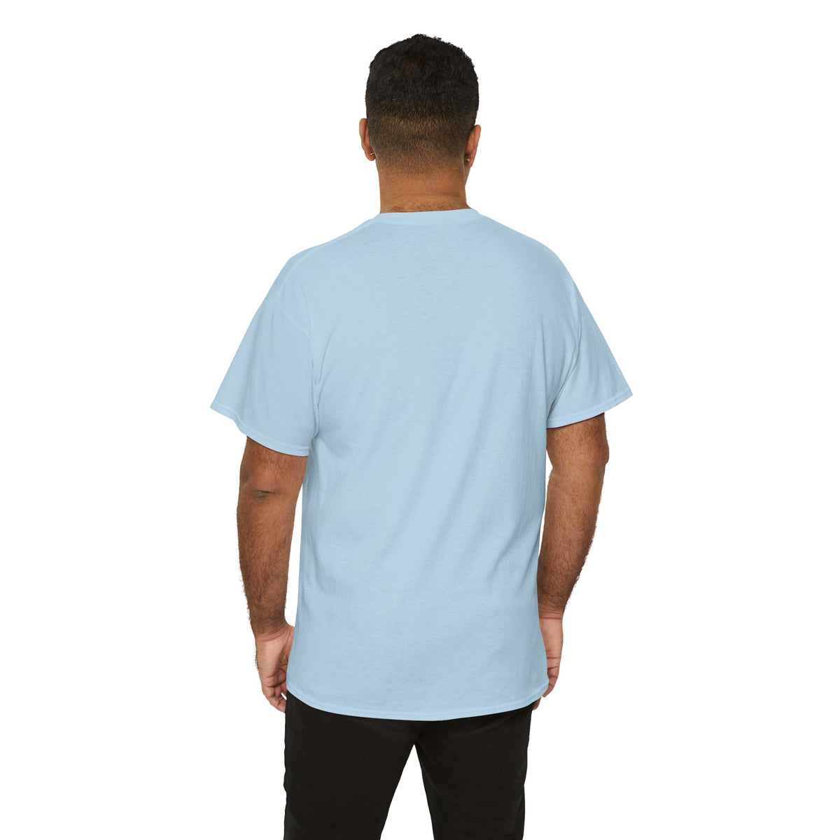 Back view of a man in the plain-backed sky blue Coventry Monkeys Duo tee