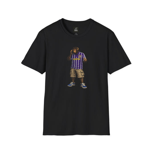 black Man City Northern Monkeyst-shirt with a graphic design of a monkey in a striped shirt