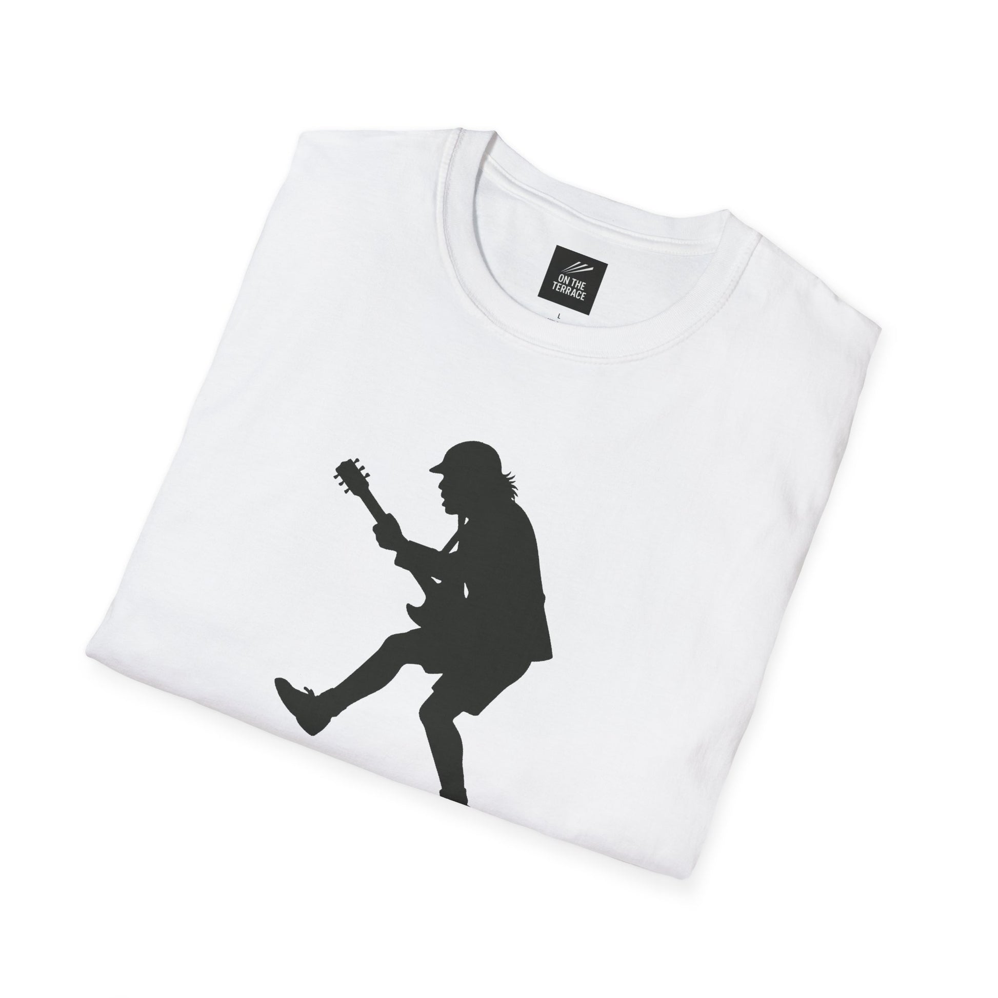 White T-shirt with black silhouette of a guitarist in mid-jump, featuring a round neck and label ON THE TERRACE
