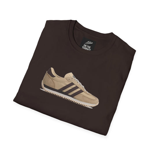 Brown folded t-shirt with beige and brown sneaker graphic and On The Terrace label