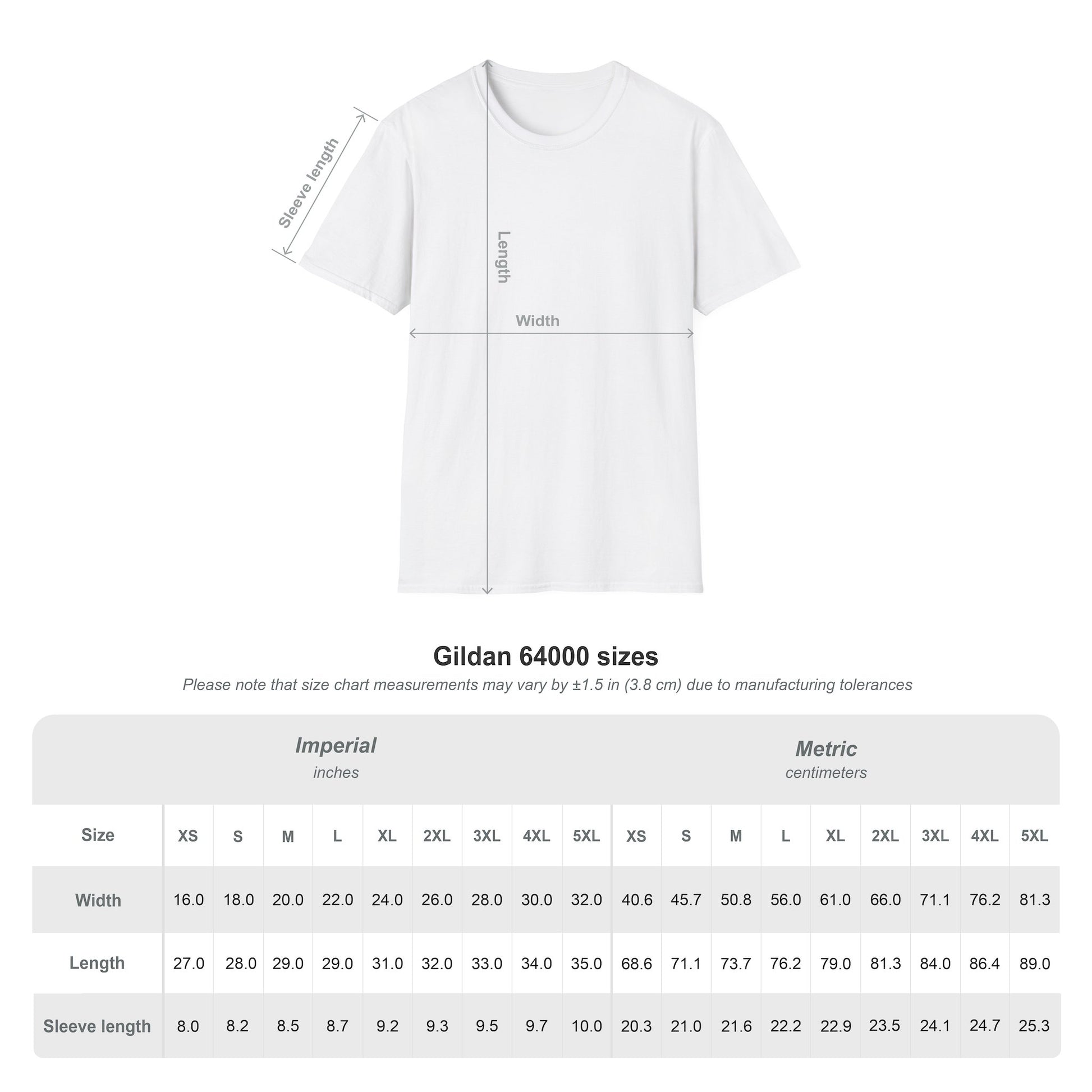 A comprehensive "Gildan 64000 sizes" infographic featuring a t-shirt diagram with arrows indicating how to measure length, width, and sleeve length. Below the diagram is a table providing imperial (inches) and metric (centimeters) measurements for sizes XS through 5XL.