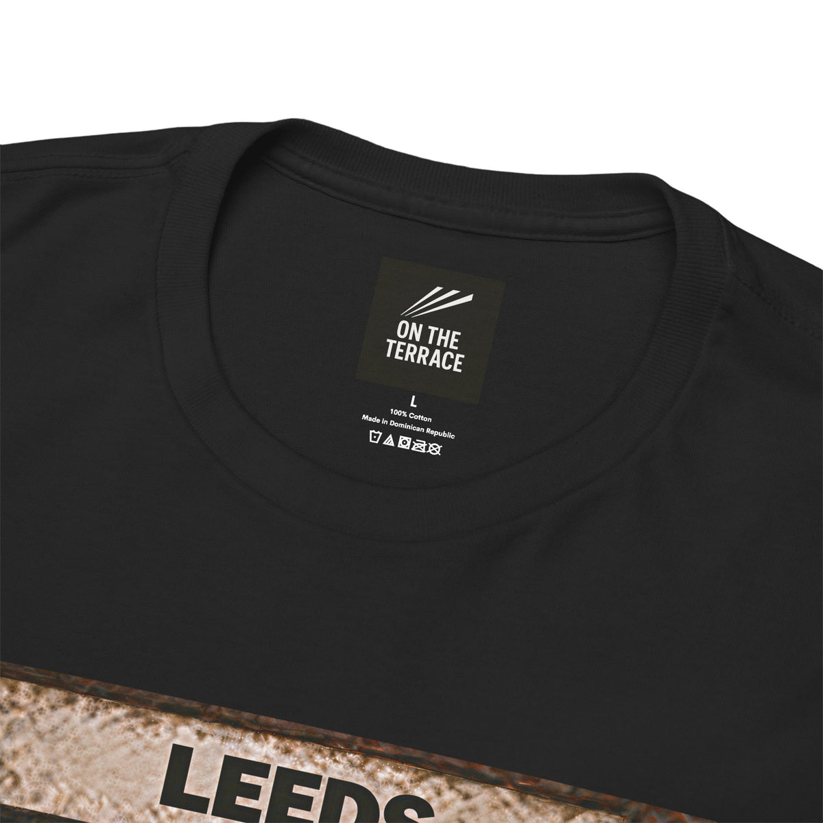 Leeds United Station Bench Trio artwork close-up on black t-shirt - On The Terrace casual wear