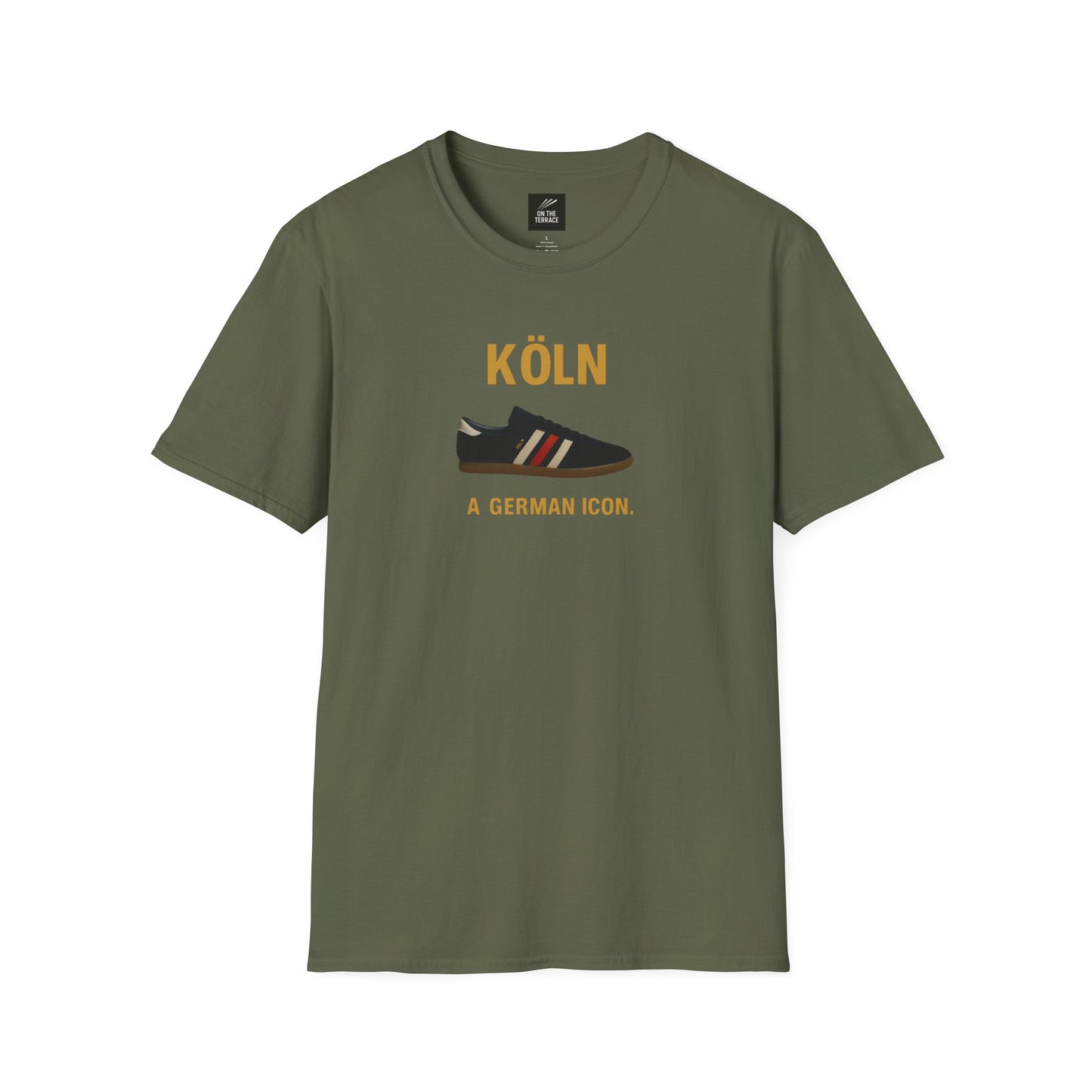 Olive green t-shirt with graphic of black sneaker and text Köln A German Icon