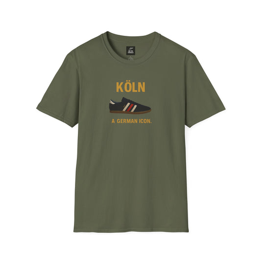 Olive green t-shirt with graphic of black sneaker and text Köln A German Icon