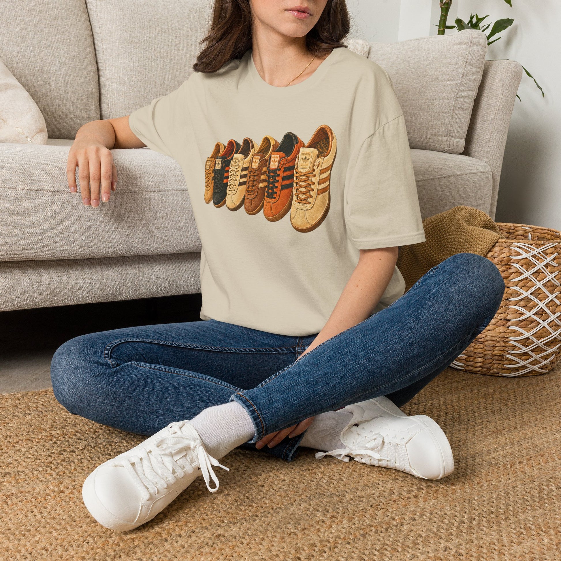 Beige multi retro sneaker graphic t-shirt with colorful vintage trainer collection print