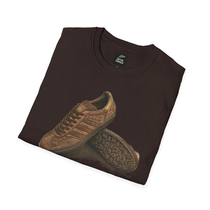 Brown t-shirt with a adidas sneaker graphic