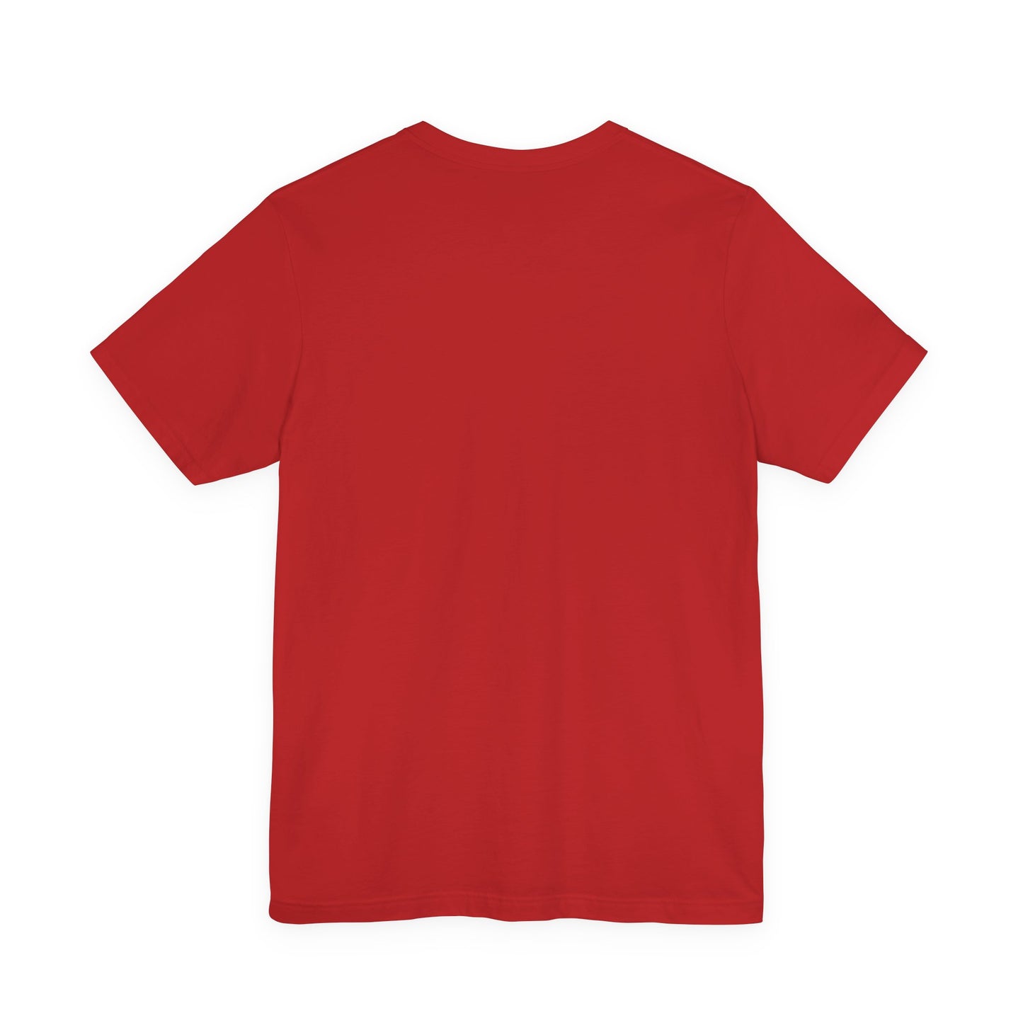 Back view of plain red short-sleeve cotton t-shirt on white background
