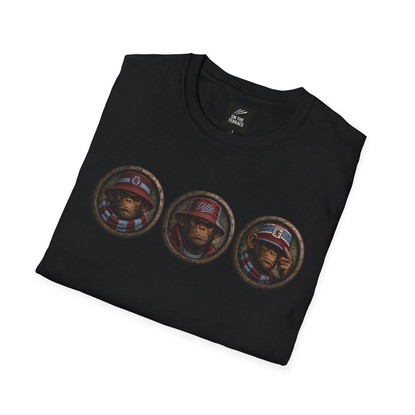 On The Terrace Northern Monkeys black graphic t-shirt featuring retro Aston Villa claret and blue inspired terrace casuals artwork.