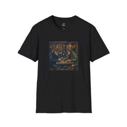 Black t-shirt with a graphic of people around a table on a white background