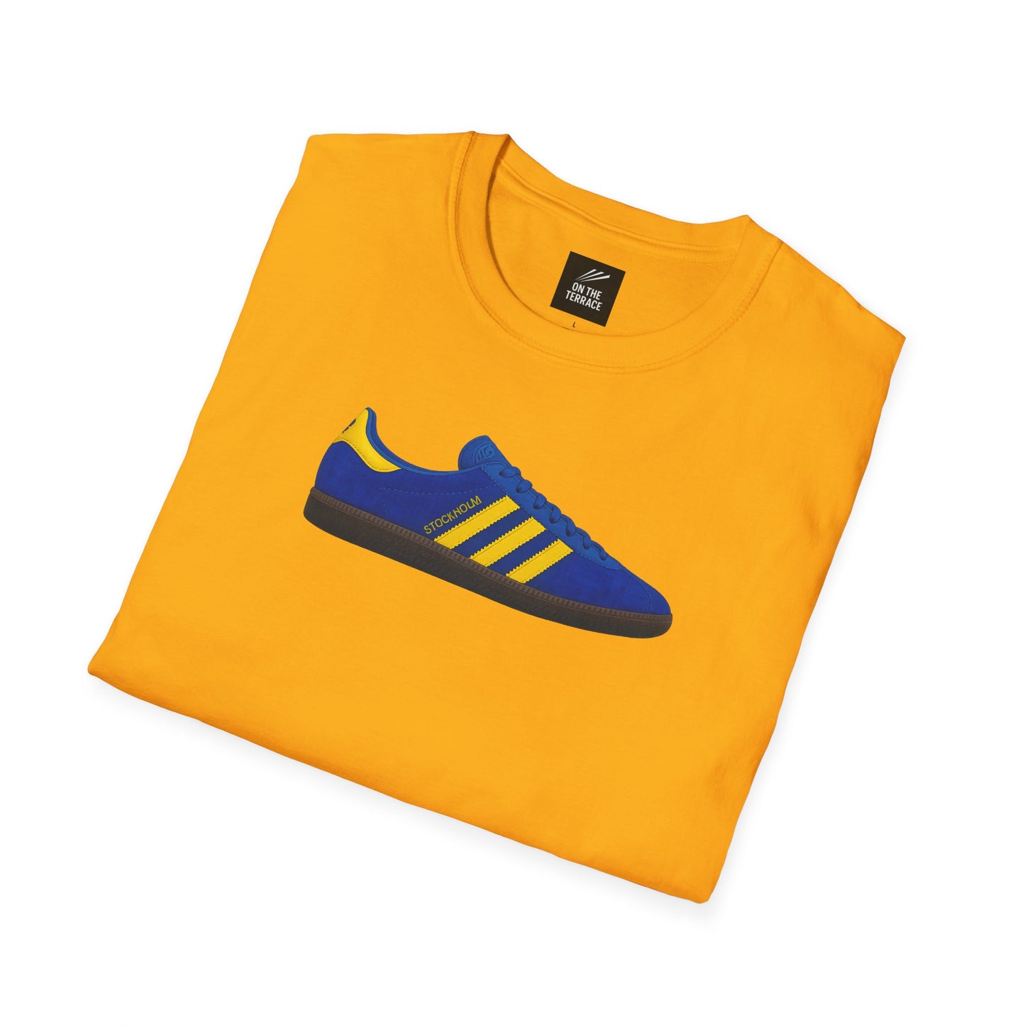 Folded bright yellow t-shirt with a blue and yellow Stockholm sneaker graphic on front