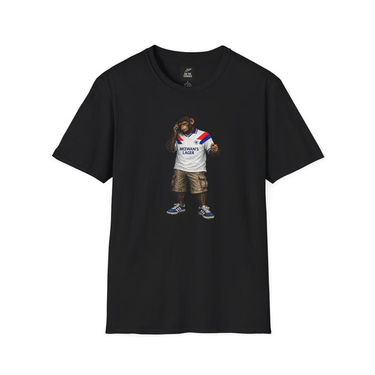 black Rangers Northern Monkeys t-shirt with a graphic design of a bear in a Rangers shirt and shorts on a white background