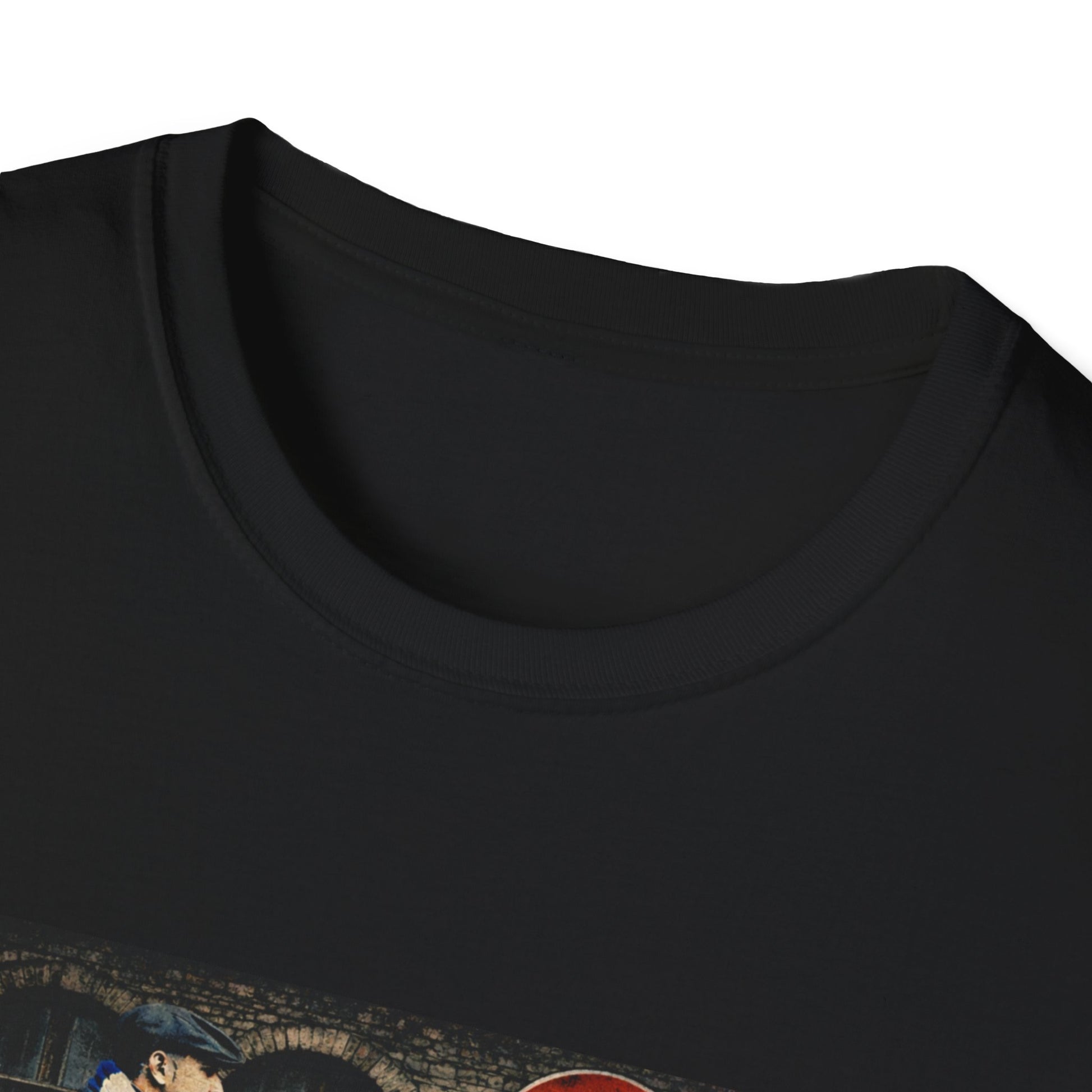 Close-up of a black t-shirt with a graphic design on a white background