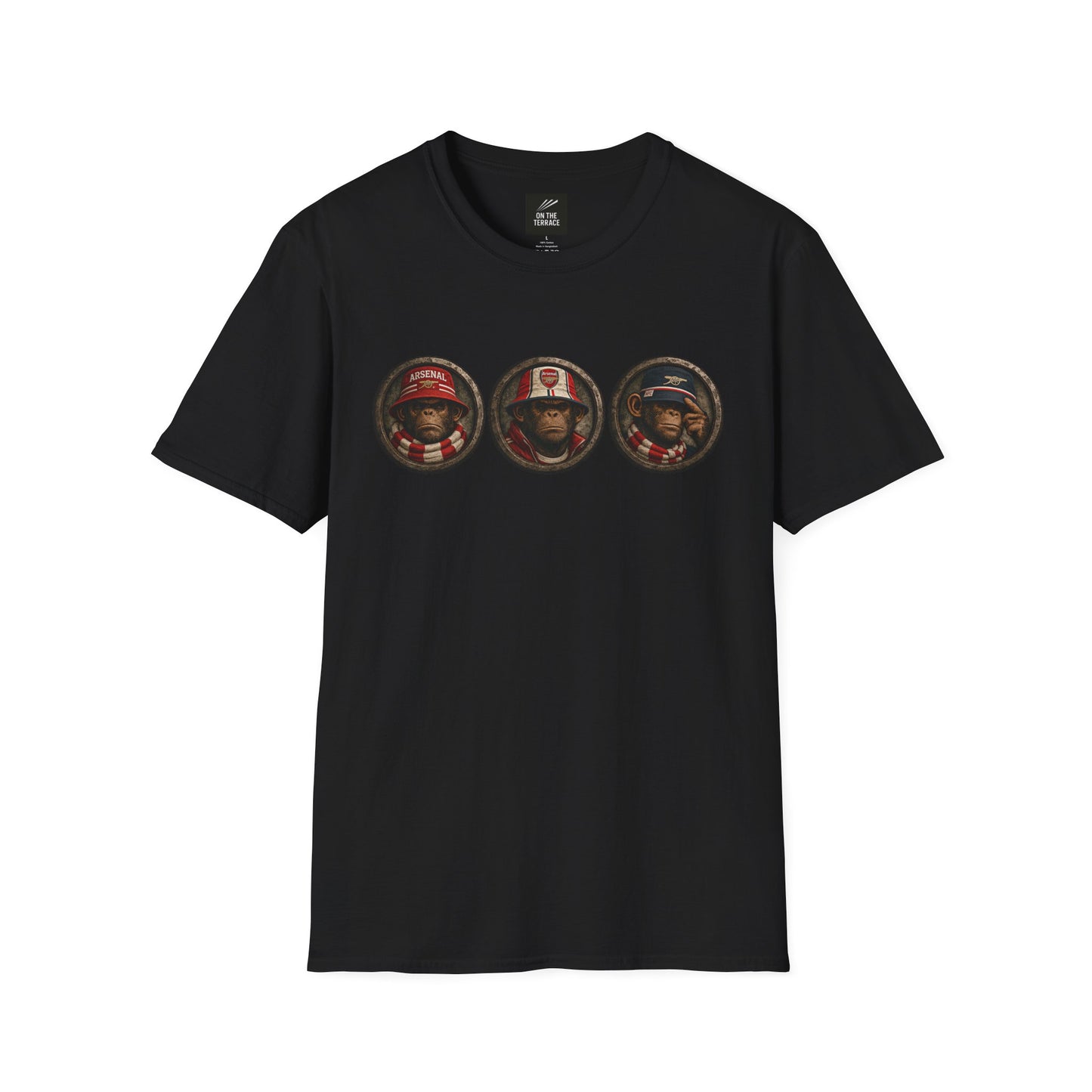 On The Terrace Northern Monkeys black graphic t-shirt featuring retro Arsenal images
