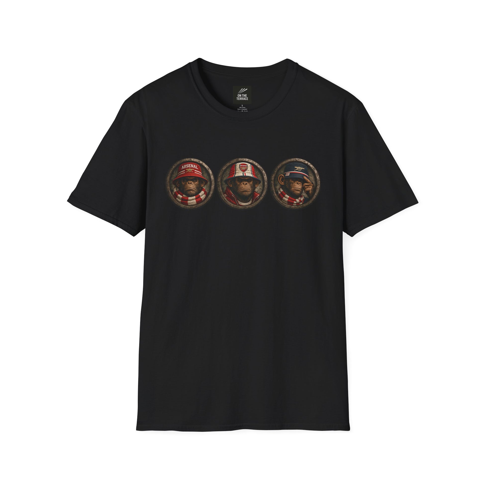 On The Terrace Northern Monkeys black graphic t-shirt featuring retro Arsenal images