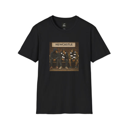 Black t-shirt with a graphic of four people and 'Newcastle' text on a white background