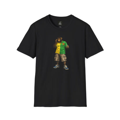 Black Man Utd Northern Monkeys t-shirt with a colorful graphic of a person on a white background