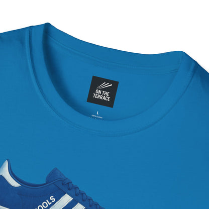 Blue casual t-shirt with graphic sneaker print and visible neck label