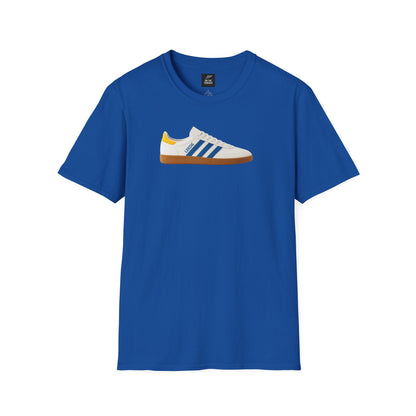 Leeds United  Blue t-shirt with a graphic of a sneaker on a white background