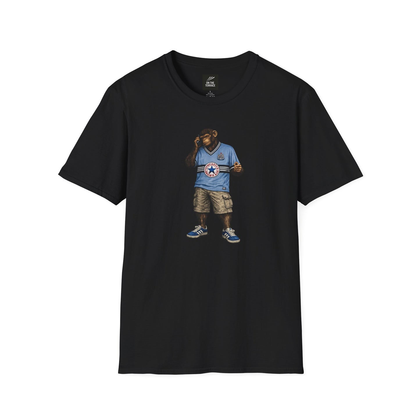 a black Newcastle Northern Monkeys t-shirt with a graphic design of a bear in a Newcastle shirt and shorts