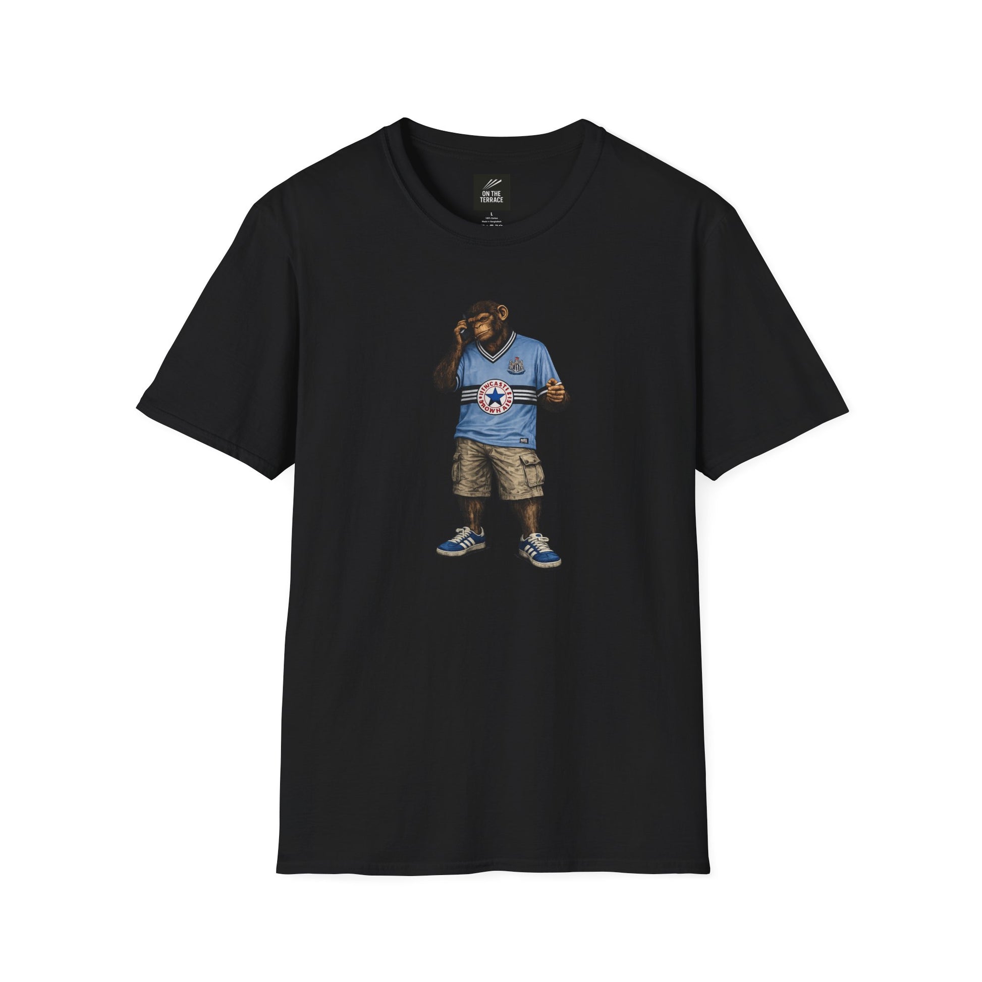 a black Newcastle Northern Monkeys t-shirt with a graphic design of a bear in a Newcastle shirt and shorts