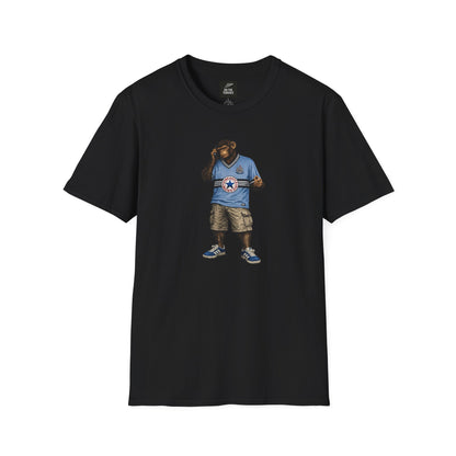 a black Newcastle Northern Monkeys t-shirt with a graphic design of a bear in a Newcastle shirt and shorts