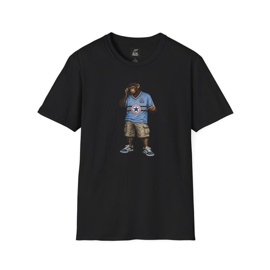 a black Newcastle Northern Monkeys t-shirt with a graphic design of a bear in a Newcastle shirt and shorts