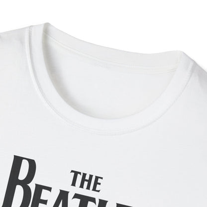 Close up of a t-shirt with 'The Beatles' logo on a white background