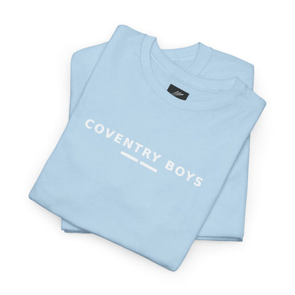 Folded sky blue T-shirt showing the white COVENTRY BOYS print and bar