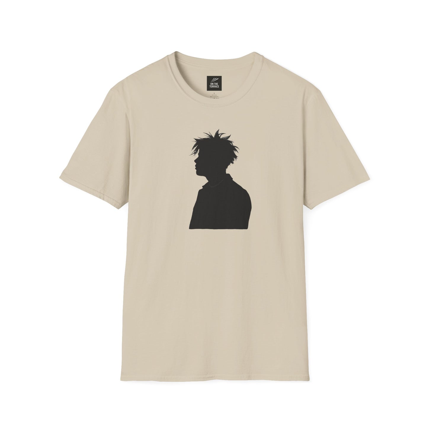 Beige T-shirt with black silhouette of a person with spiky hair printed on front