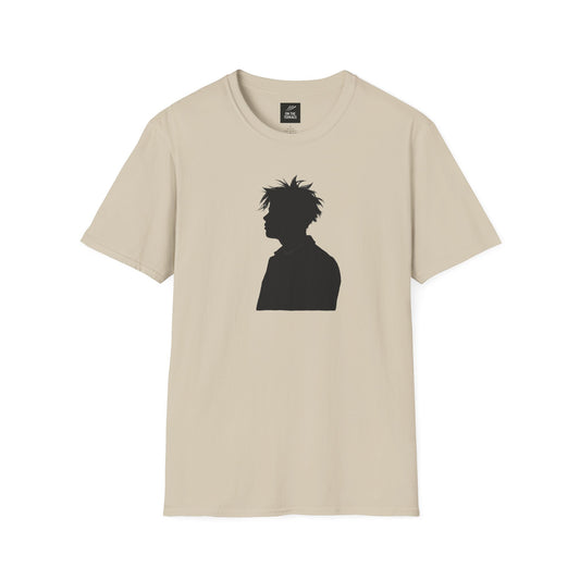Beige T-shirt with black silhouette of a person with spiky hair printed on front