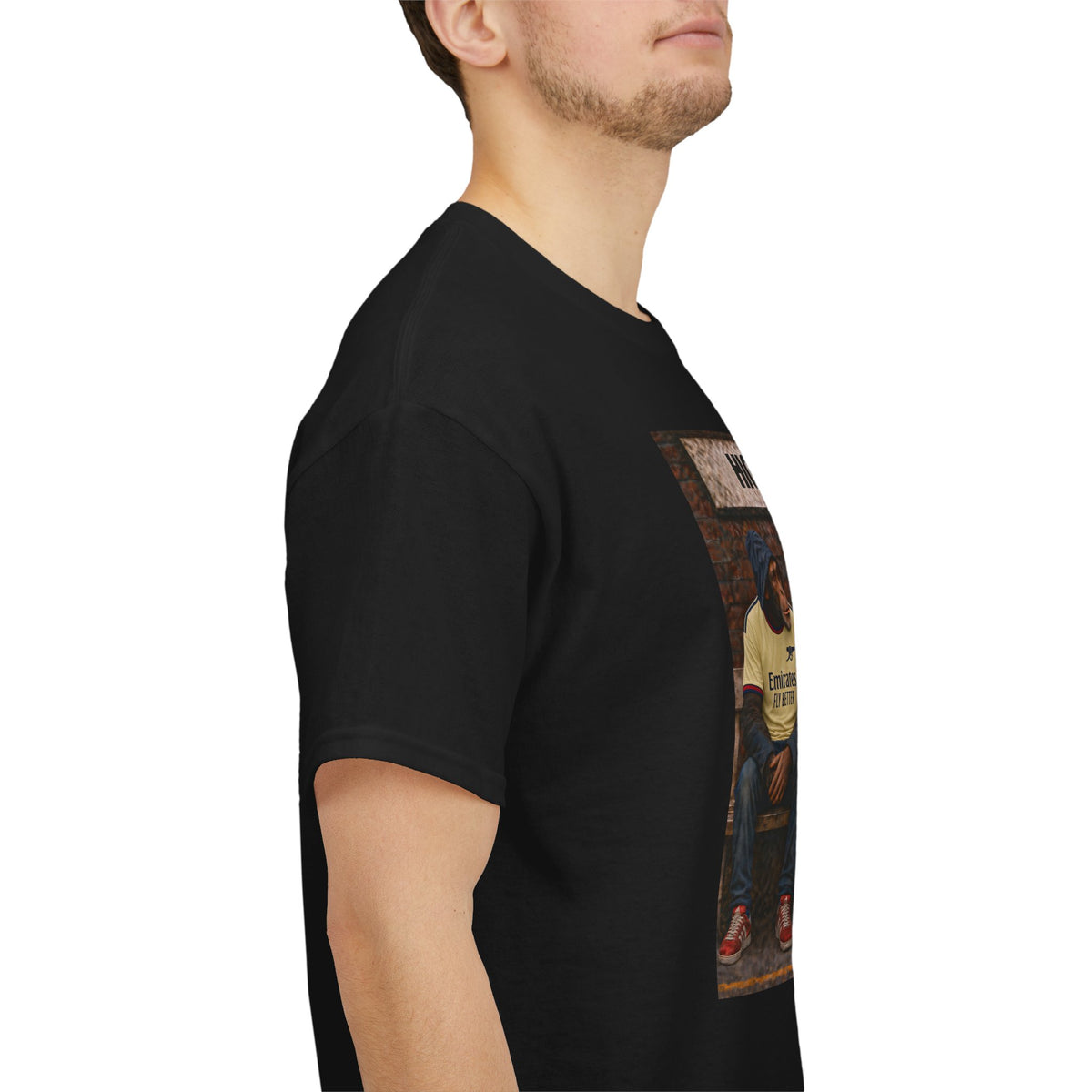 Arsenal Station Bench Trio terrace t-shirt in black, folded product shot - On The Terrace casual wear