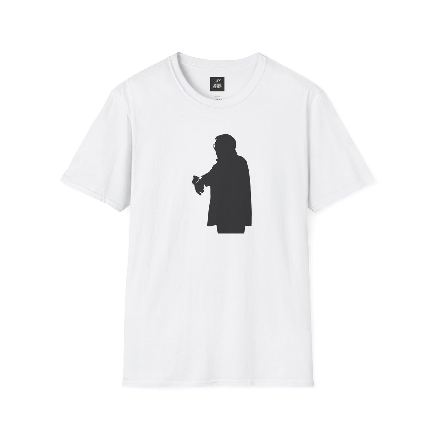 White t-shirt with a black silhouette graphic of a man checking his watch