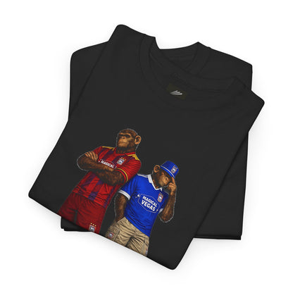 A folded black Ipswich t-shirt with a graphic print of two men wearing 'Las Vegas' jerseys, one in red and one in blue, displayed on a clean white background.