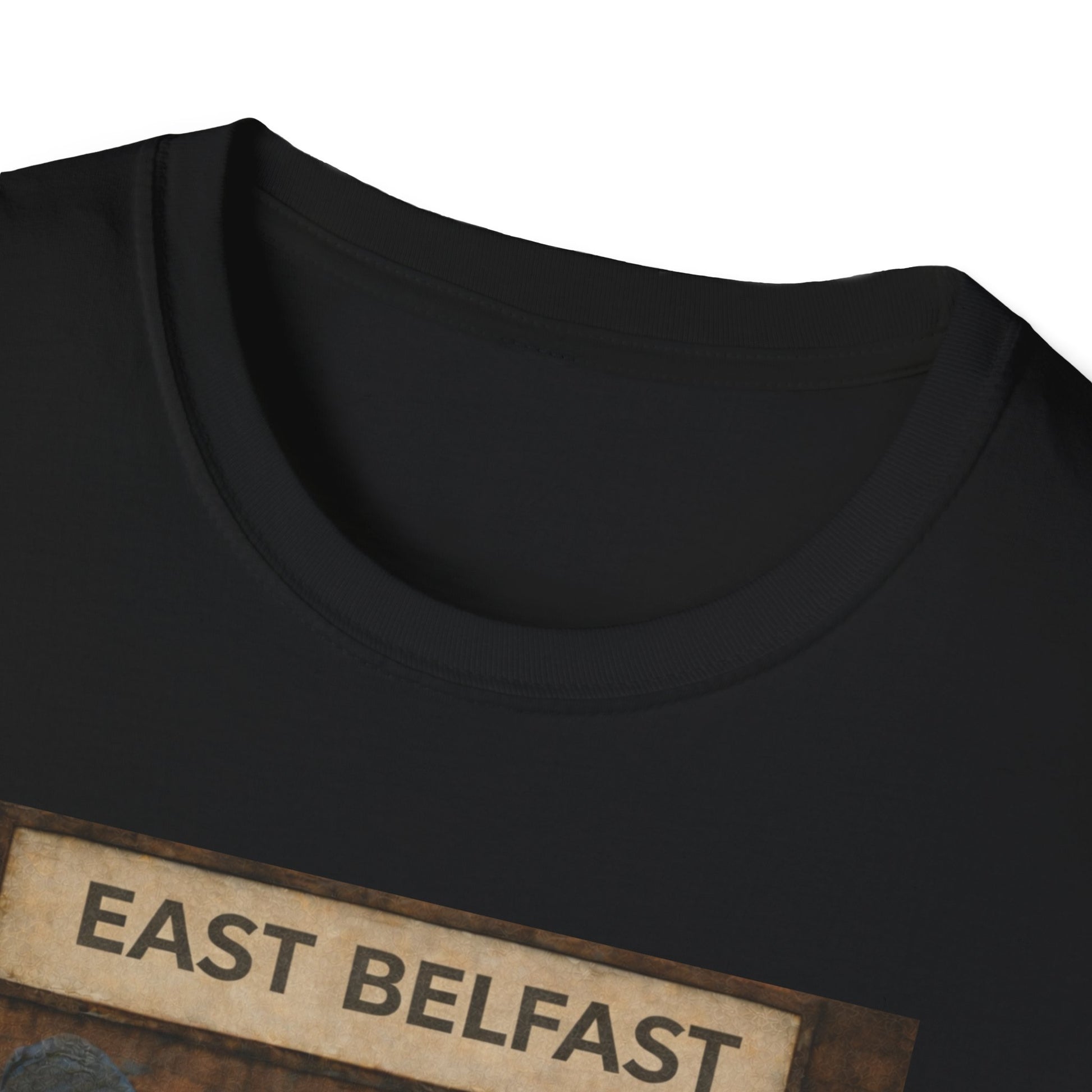 Black t-shirt with 'East Belfast' text on a wooden sign design