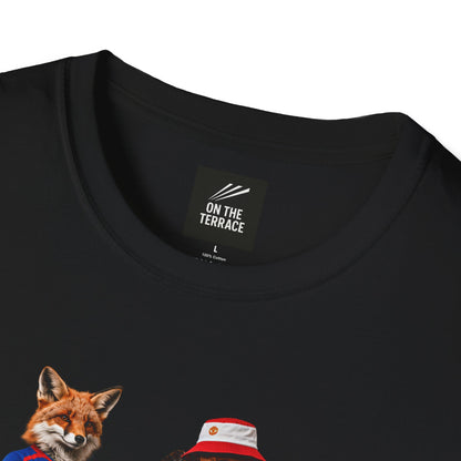 On The Terrace English Foxes black graphic t-shirt featuring retro Manchester United inspired terrace casuals artwork