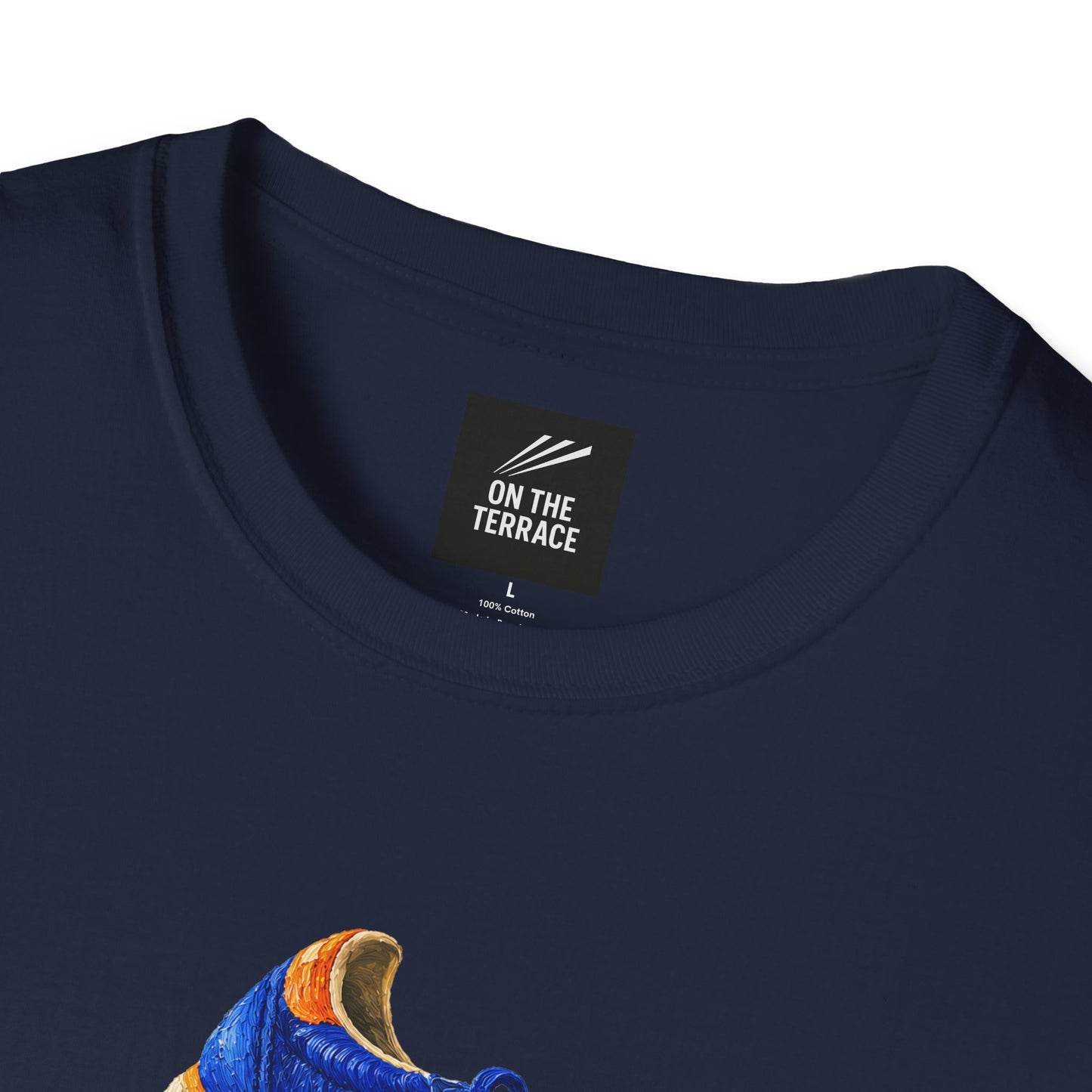 Close-up of a navy blue t-shirt neck area showing a black brand label that reads 'ON THE TERRACE' with white text and logo, against a plain white background.