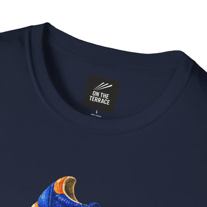 Close-up of a navy blue t-shirt neck area showing a black brand label that reads 'ON THE TERRACE' with white text and logo, against a plain white background.