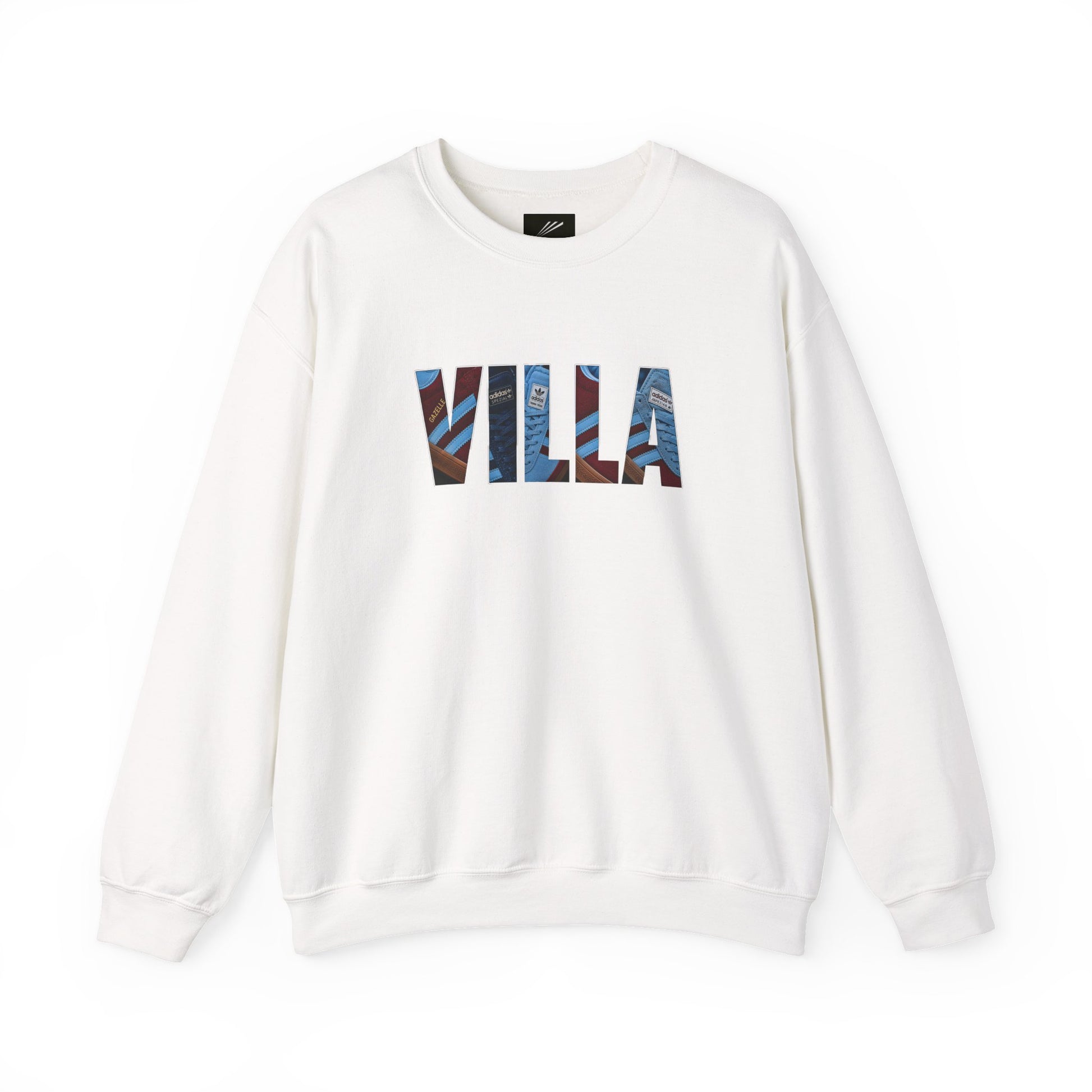 An off-white crewneck sweatshirt featuring the word 'VILLA' printed across the chest in a stylized block font filled with a blue and brown patterned graphic, set against a plain white background.