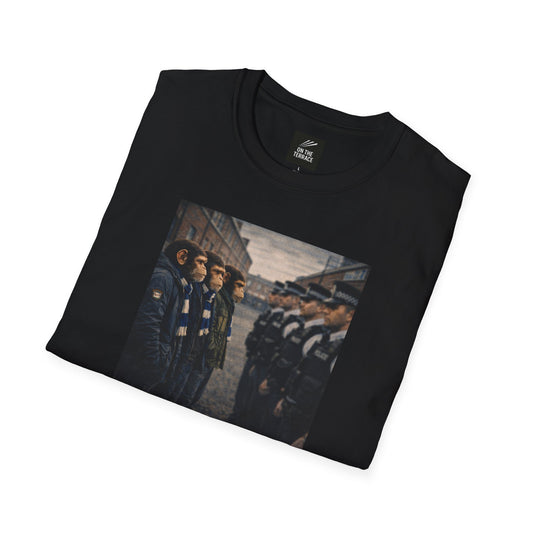 Folded Black Northern Monkeys t-shirt with a small graphic on the chest against a white background