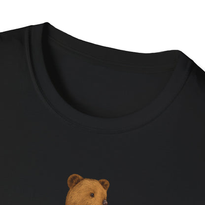 Black T-shirt with detailed embroidered brown bear head design on front