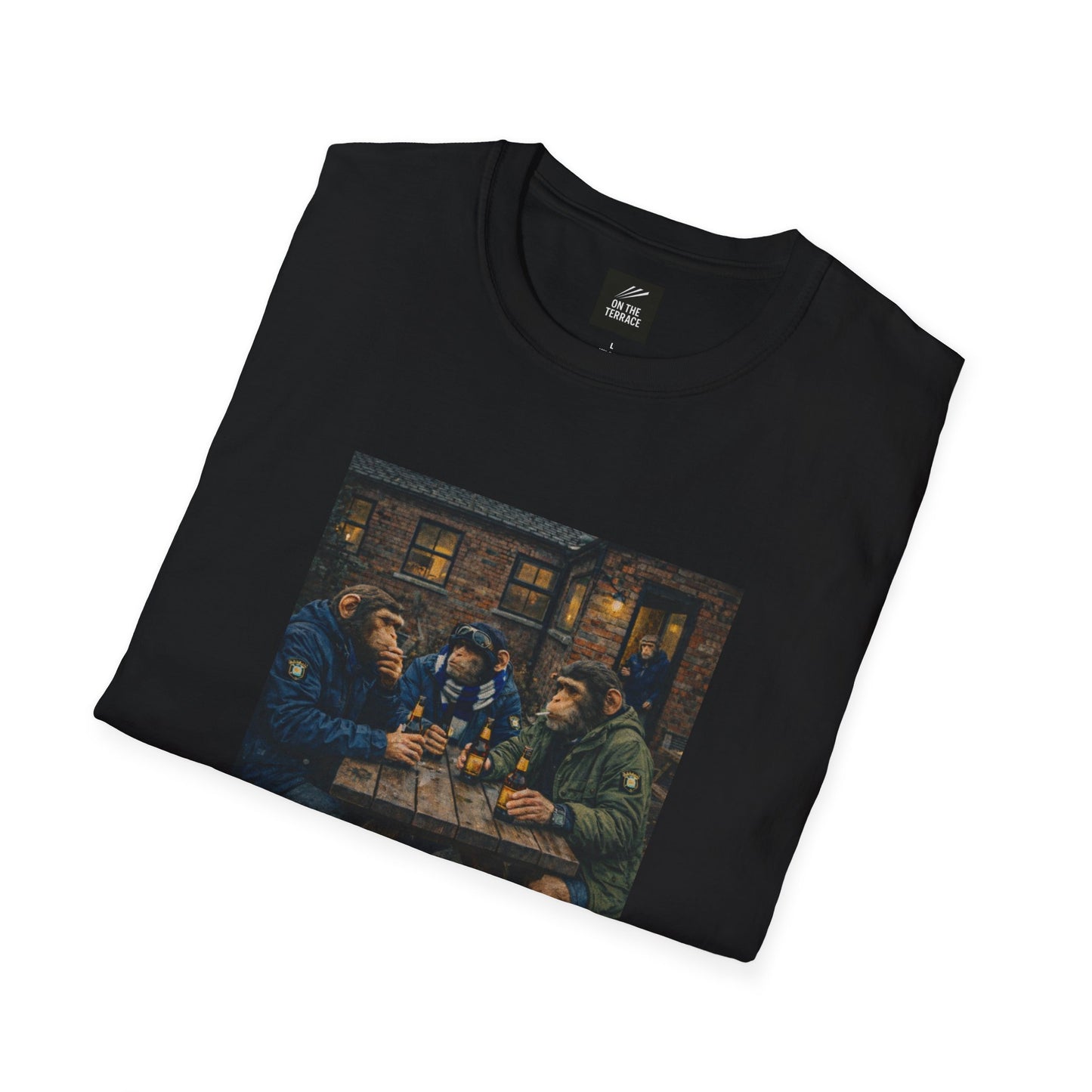 Black t-shirt with a graphic of people around a table on a white background
