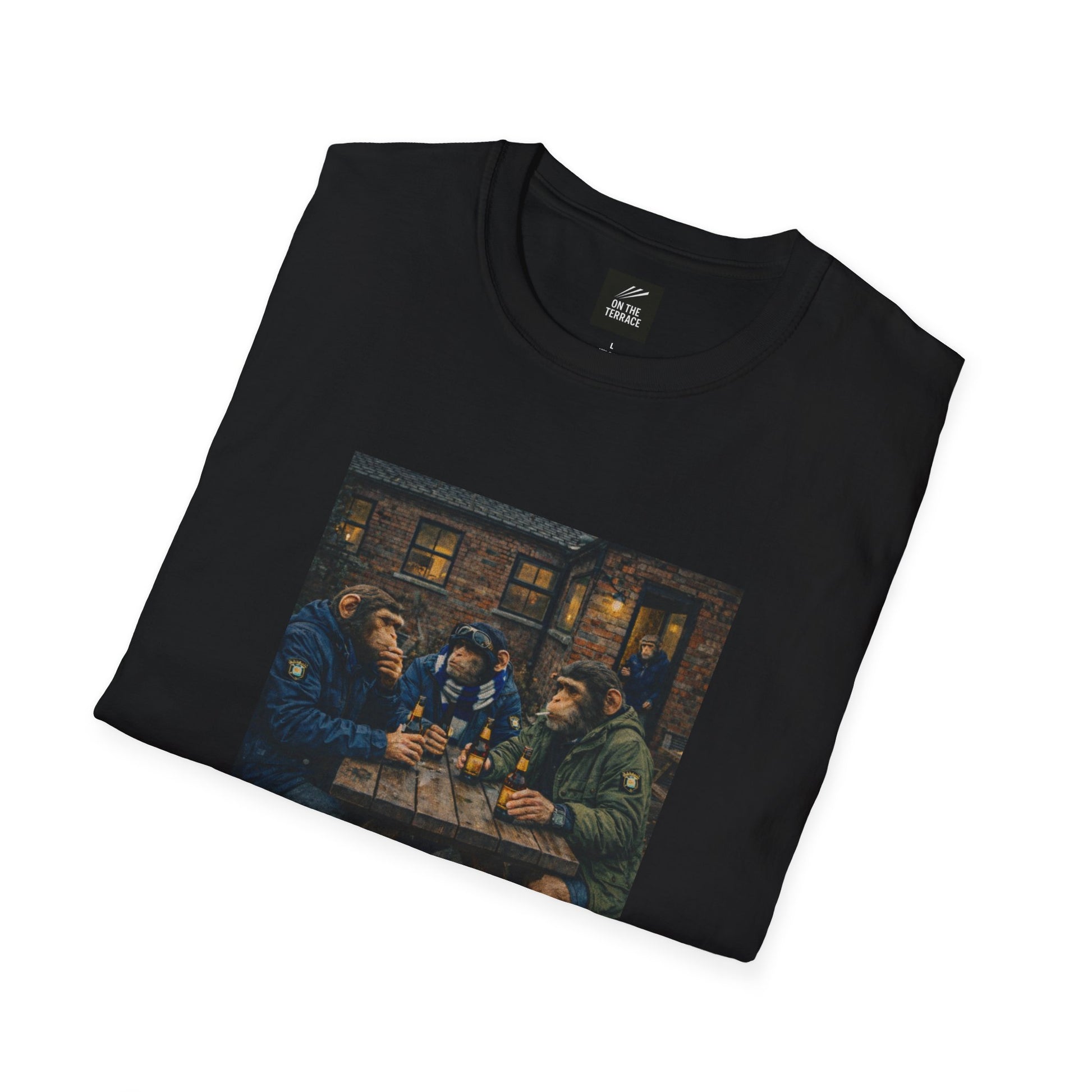 Black t-shirt with a graphic of people around a table on a white background