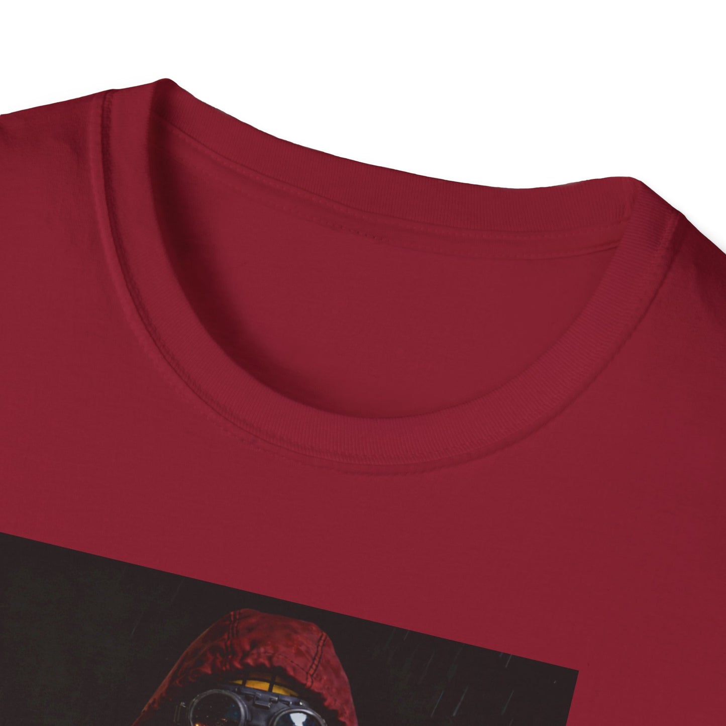 Close-up of red Liverpool casual t-shirt neckline featuring graphic print with person in red hood and goggles