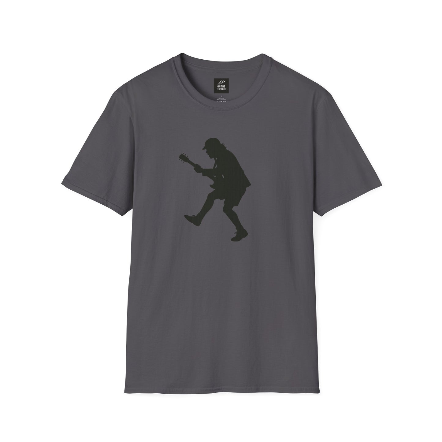Dark gray t-shirt with black silhouette of a guitarist in mid-jump print on front