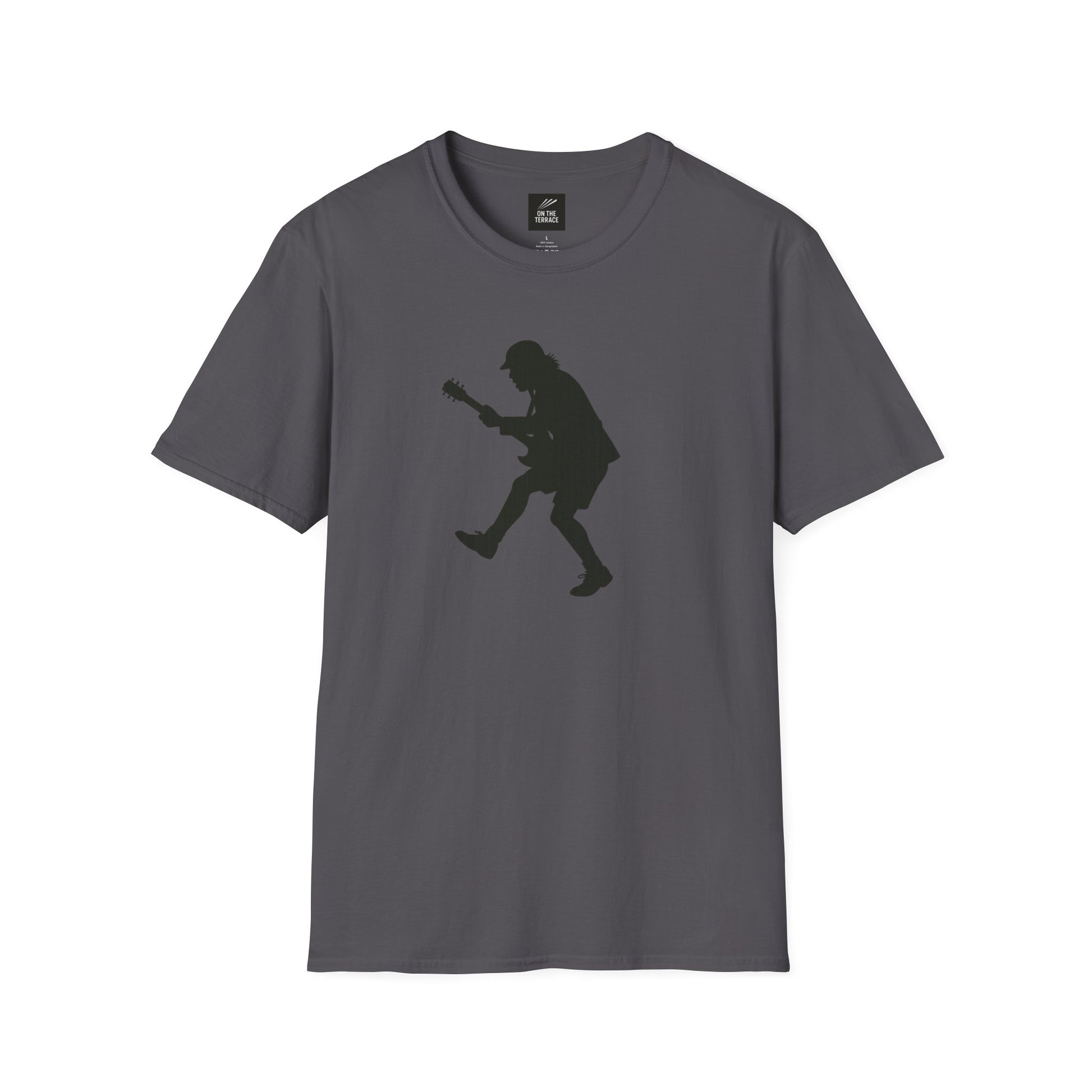 Dark gray t-shirt with black silhouette of a guitarist in mid-jump print on front