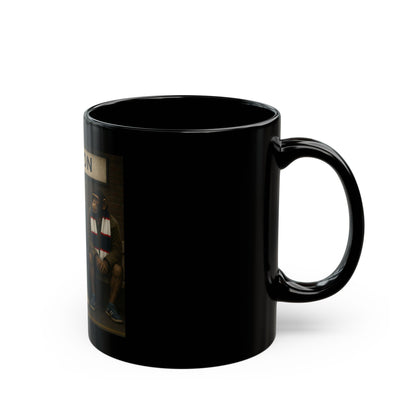 A high-gloss black ceramic mug features a rectangular graphic of three chimpanzees dressed as 1980s football casuals sitting on a railway platform bench. Above them hangs a vintage cream station sign with the word "BOLTON" in black capital letters. The monkeys wear casual coats, hoodies, retro low-profile trainers, and navy, white, and red striped bar scarves against a brick wall background.