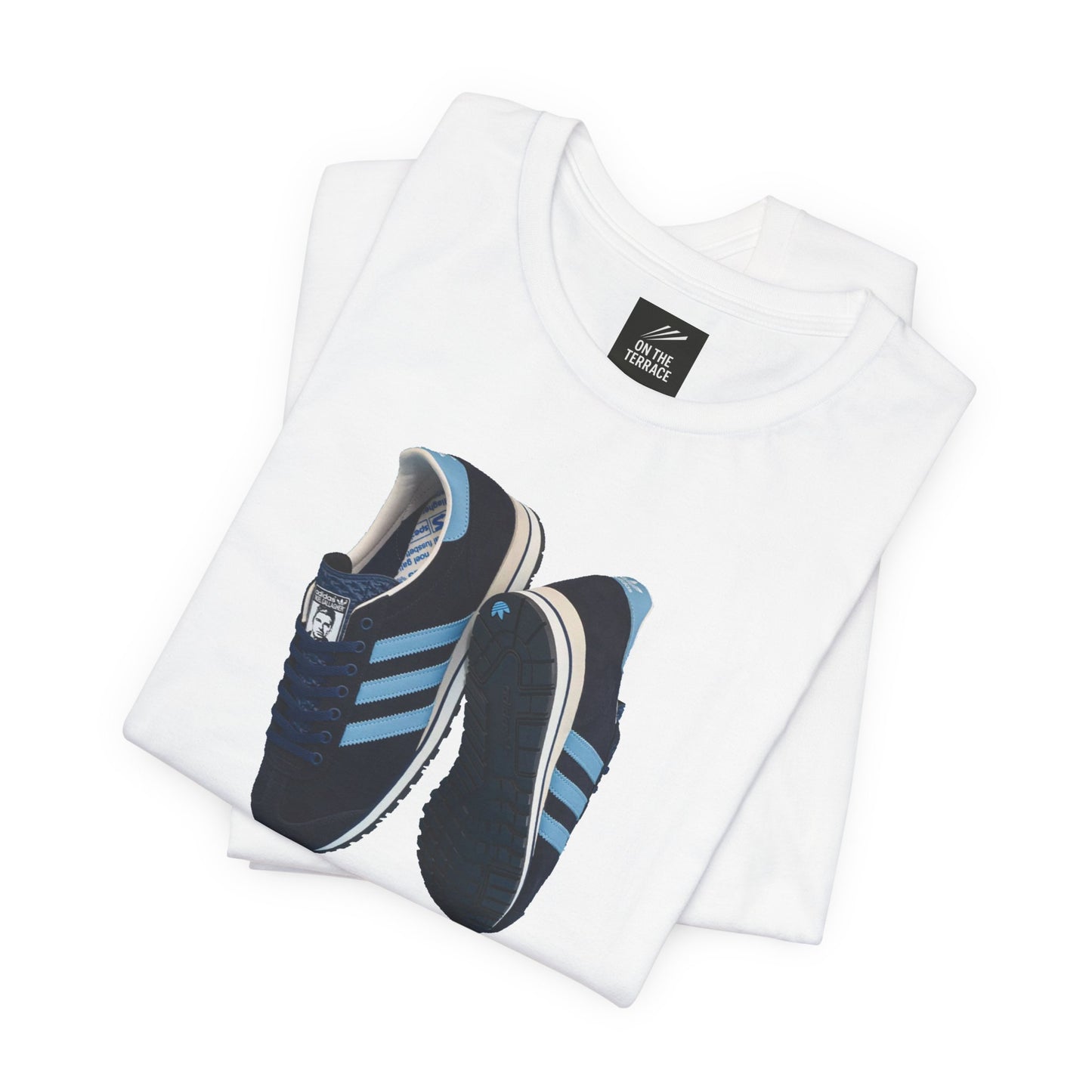 Oasis Folded white T-shirt with blue and black sneakers graphic print and On The Terrace label
