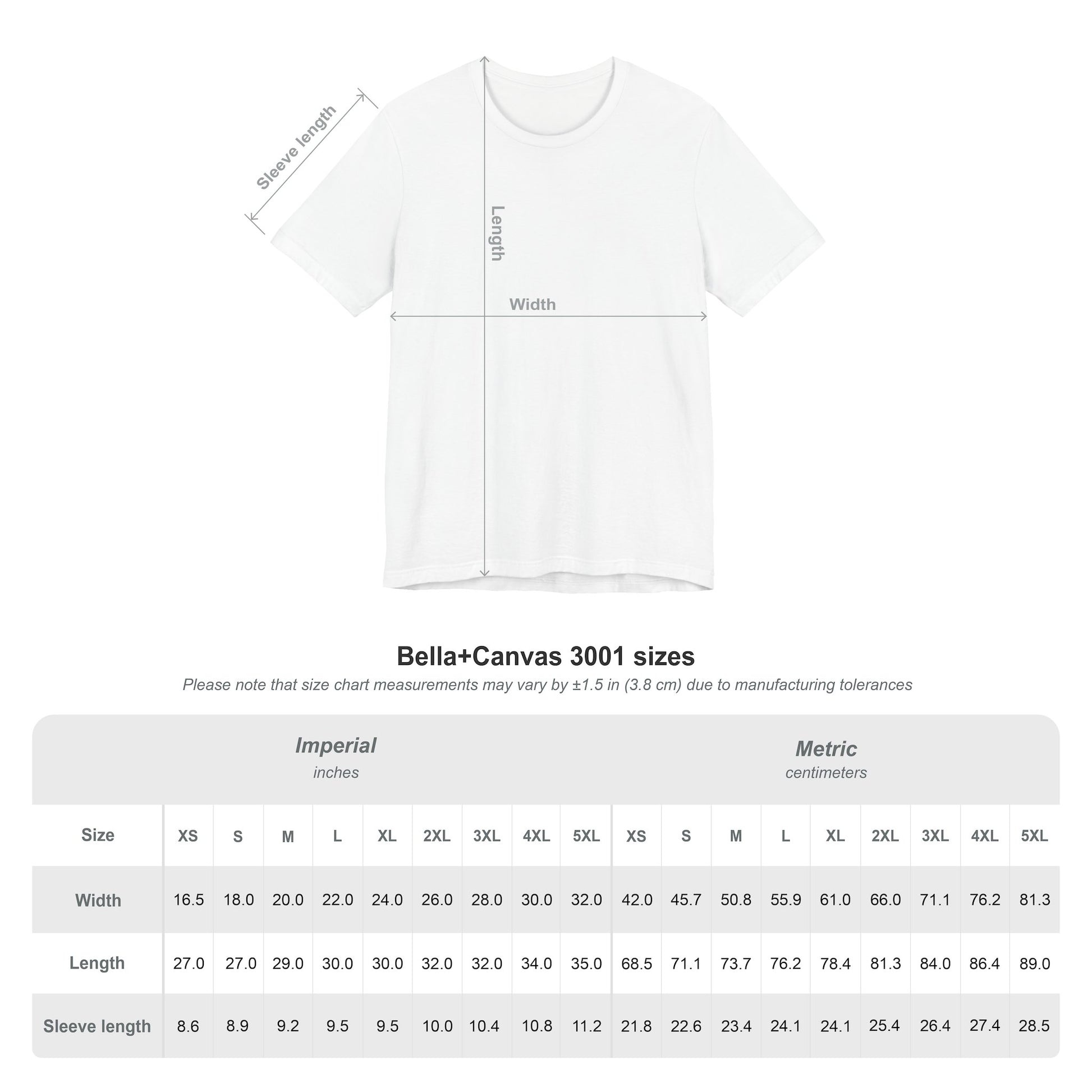 Bella+Canvas 3001 white t-shirt size chart with measurements in inches and centimeters